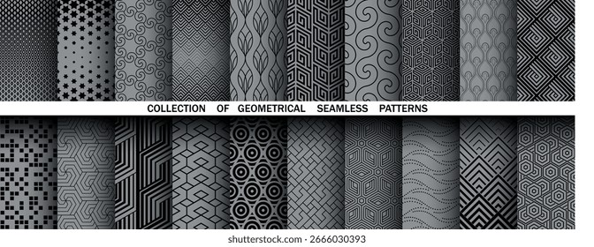 Conjunto geométrico de patrones negros y grises sin costuras. Gráficos de Vector simples