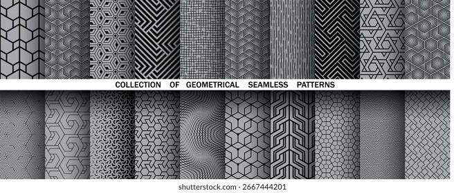 Geometric set of seamless black and gray patterns. Simple vector graphics