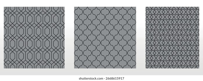 Geometric set of seamless black and gray patterns. Simple vector graphics