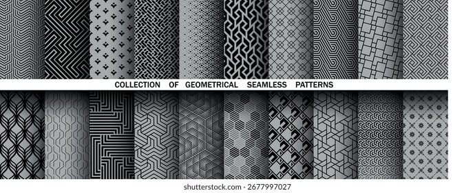 Conjunto geométrico de patrones negros y grises sin costuras. Gráficos de Vector simples