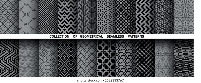 Conjunto geométrico de patrones negros y grises sin costuras. Gráficos de Vector simples