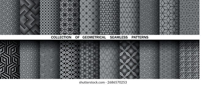 Geometric set of seamless black and gray patterns. Simple vector graphics
