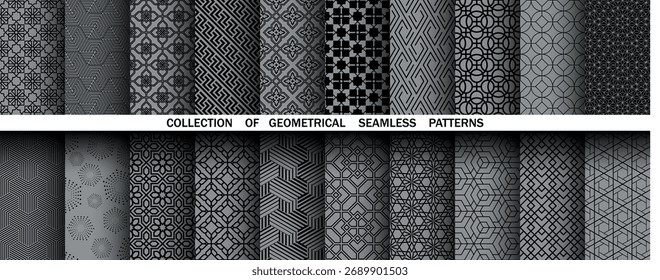 Geometric set of seamless black and gray patterns. Simple vector graphics