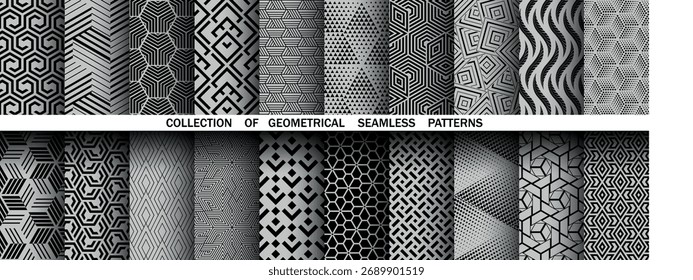 Conjunto geométrico de padrões pretos e cinzentos sem costura. Gráficos simples vetoriais