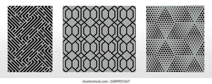 Geometrischer Satz nahtloser schwarzer und grauer Muster. Einfache Vektorgrafiken