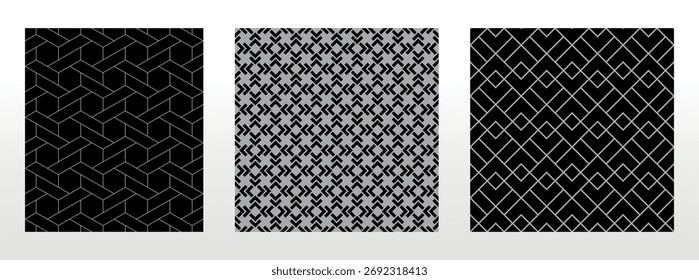 Geometric set of seamless black and gray patterns. Simple vector graphics