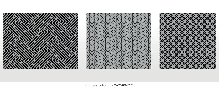 Conjunto geométrico de patrones negros y grises sin costuras. Gráficos de Vector simples