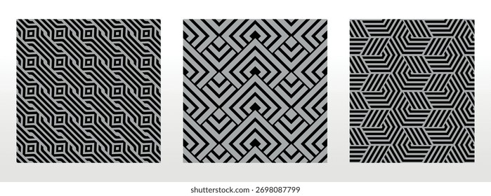 Conjunto geométrico de patrones negros y grises sin costuras. Gráficos de Vector simples