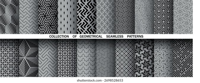 Conjunto geométrico de patrones negros y grises sin costuras. Gráficos de Vector simples