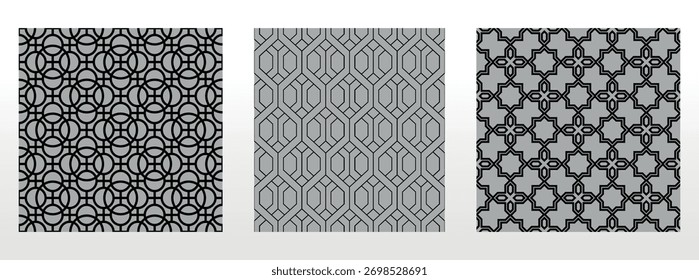 Geometric set of seamless black and gray patterns. Simple vector graphics