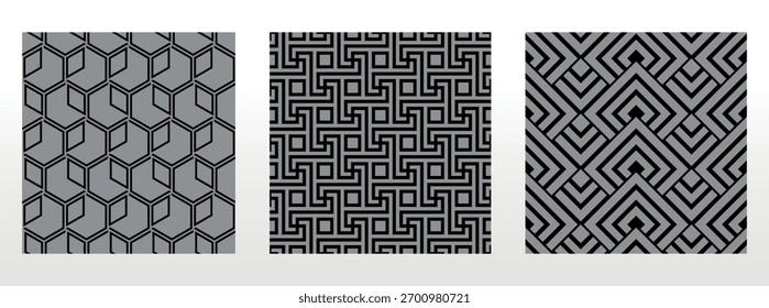 Conjunto geométrico de padrões pretos e cinzentos sem costura. Gráficos simples vetoriais