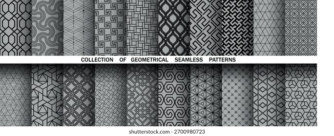Geometric set of seamless black and gray patterns. Simple vector graphics
