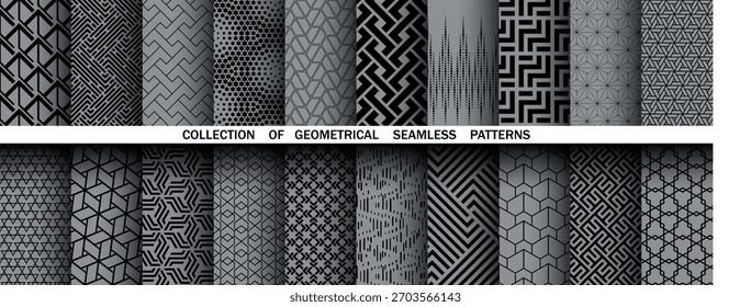Conjunto geométrico de patrones negros y grises sin costuras. Gráficos de Vector simples