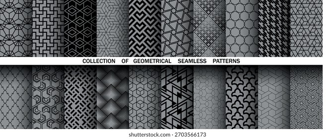Conjunto geométrico de patrones negros y grises sin costuras. Gráficos de Vector simples