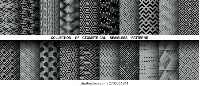 Conjunto geométrico de patrones negros y grises sin costuras. Gráficos de Vector simples