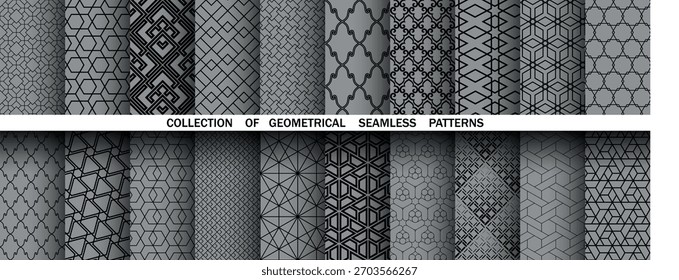 Geometric set of seamless black and gray patterns. Simple vector graphics
