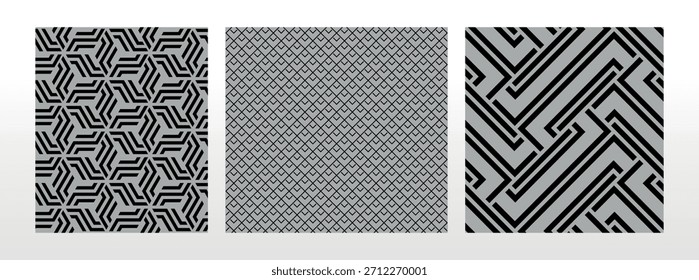 Conjunto geométrico de patrones negros y grises sin costuras. Gráficos de Vector simples