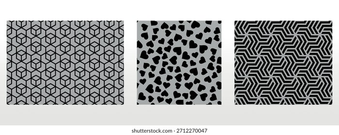 Geometric set of seamless black and gray patterns. Simple vector graphics