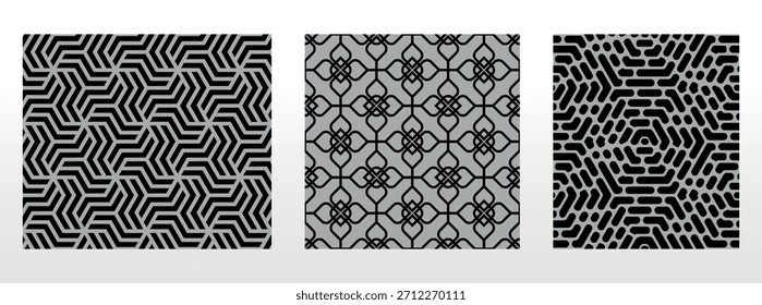 Conjunto geométrico de patrones negros y grises sin costuras. Gráficos de Vector simples
