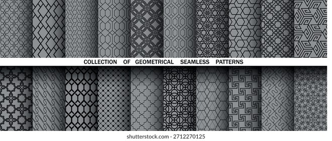 Conjunto geométrico de patrones negros y grises sin costuras. Gráficos de Vector simples