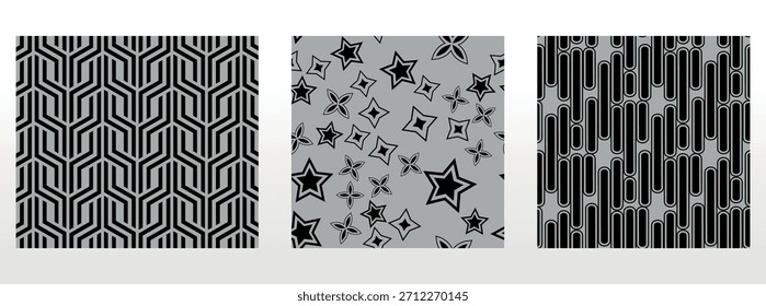 Conjunto geométrico de patrones negros y grises sin costuras. Gráficos de Vector simples