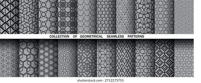 Geometrischer Satz nahtloser schwarzer und grauer Muster. Einfache Vektorgrafiken