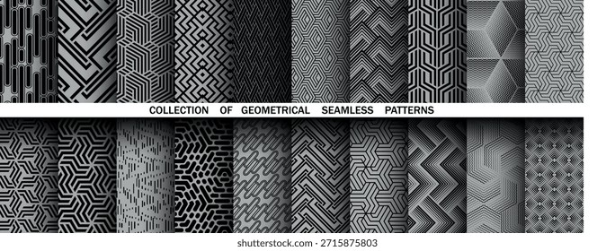 Conjunto geométrico de patrones negros y grises sin costuras. Gráficos de Vector simples