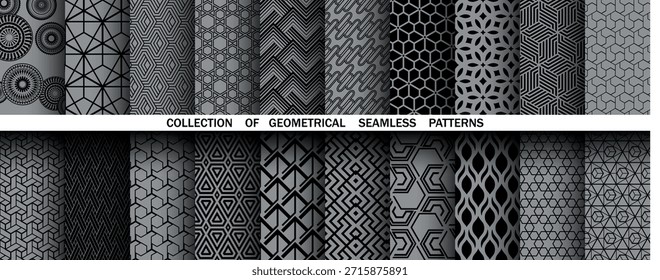 Conjunto geométrico de patrones negros y grises sin costuras. Gráficos de Vector simples