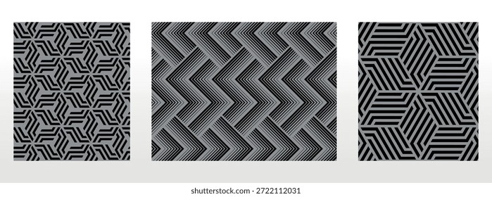 Geometric set of seamless black and gray patterns. Simple vector graphics