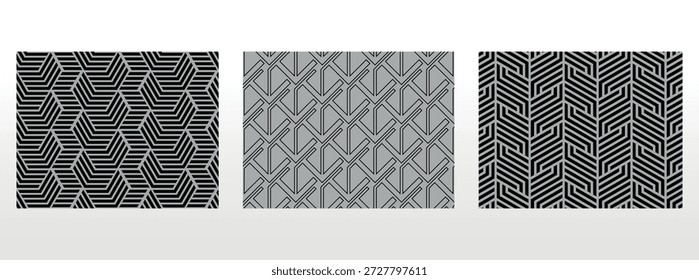 Conjunto geométrico de padrões pretos e cinzentos sem costura. Gráficos simples vetoriais