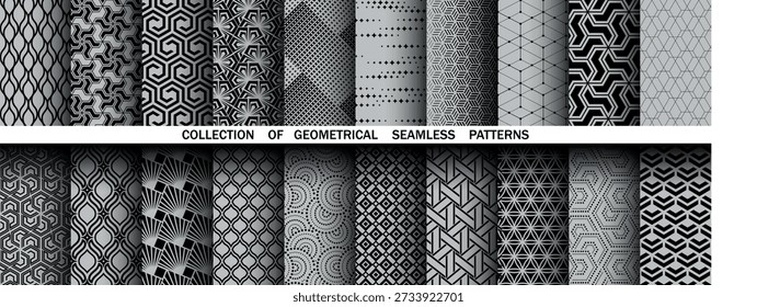 Geometric set of seamless black and gray patterns. Simple vector graphics