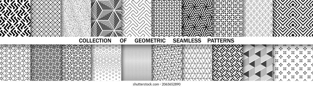Geometrischer Satz nahtloser schwarz-weißer Muster. Einfache Vektorgrafik