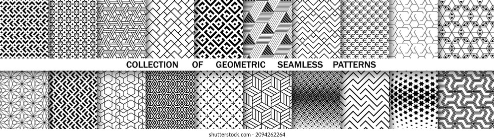 Geometrischer Satz nahtloser schwarz-weißer Muster. Einfache Vektorgrafik