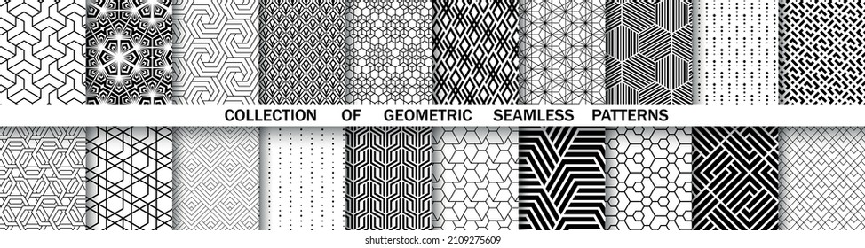 Geometric set of seamless black and white patterns. Simple vector graphics