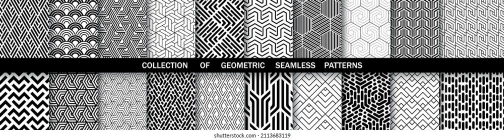 Geometric set of seamless black and white patterns. Simple vector graphics