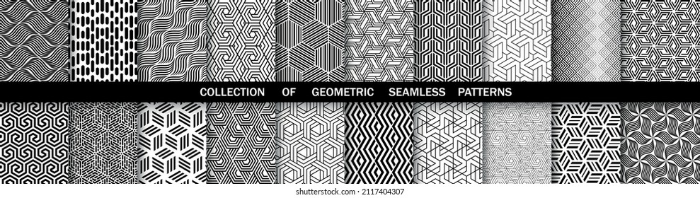 Conjunto geométrico de patrones blancos y negros sin soldadura. Gráficos vectoriales simples