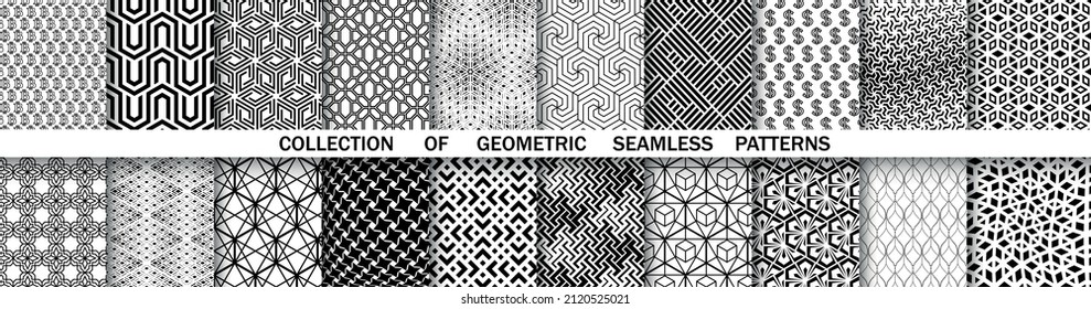Geometrischer Satz nahtloser schwarz-weißer Muster. Einfache Vektorgrafik