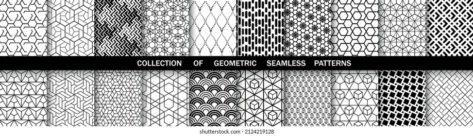 Geometrischer Satz nahtloser schwarz-weißer Muster. Einfache Vektorgrafik