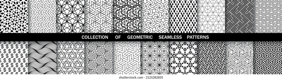 Geometric set of seamless black and white patterns. Simple vector graphics