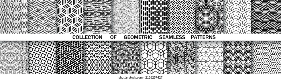 Geometric set of seamless black and white patterns. Simple vector graphics