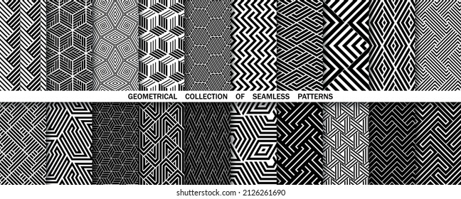 Geometric set of seamless black and white patterns. Simple vector graphics