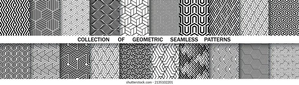 Geometrischer Satz nahtloser schwarz-weißer Muster. Einfache Vektorgrafik
