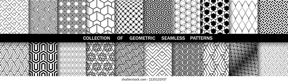 Geometric set of seamless black and white patterns. Simple vector graphics