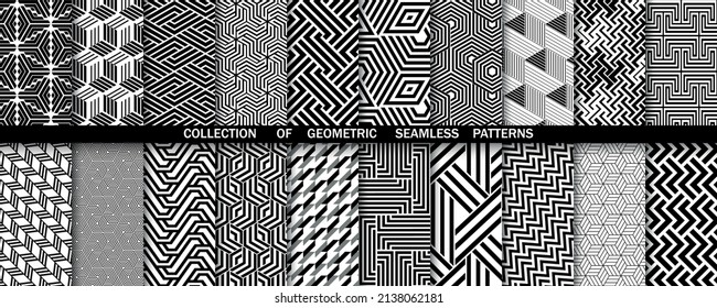 Geometric set of seamless black and white patterns. Simple vector graphics