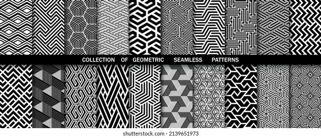 Geometrischer Satz nahtloser schwarz-weißer Muster. Einfache Vektorgrafik