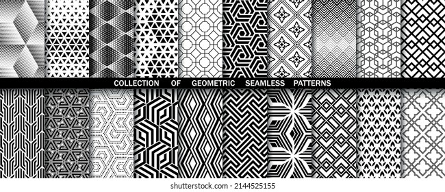 Geometric set of seamless black and white patterns. Simple vector graphics