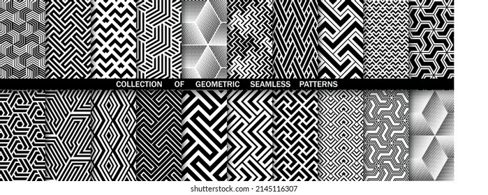 Geometric set of seamless black and white patterns. Simple vector graphics