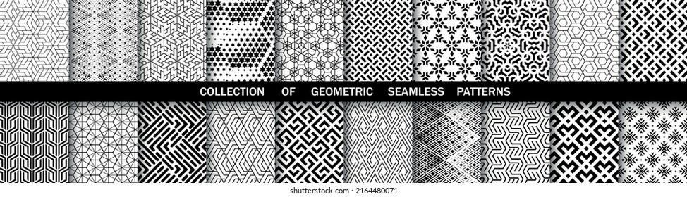 Geometrischer Satz nahtloser schwarz-weißer Muster. Einfache Vektorgrafik