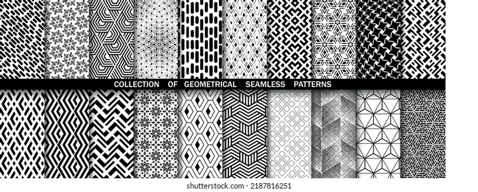 Geometrischer Satz nahtloser schwarz-weißer Muster. Einfache Vektorgrafik