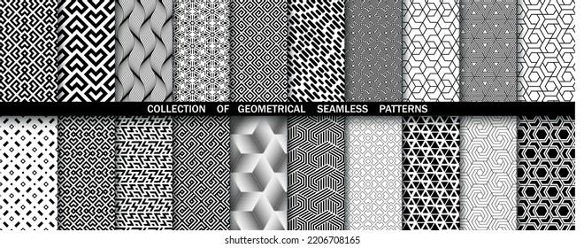 Geometrischer Satz nahtloser schwarz-weißer Muster. Einfache Vektorgrafik